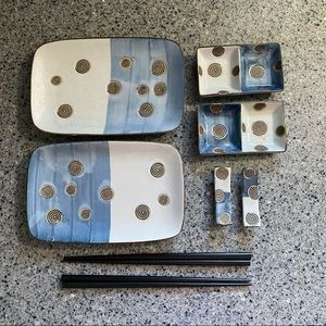 Set of 2 - Sushi Dishes Dipping Bowls Chopsticks and Rest